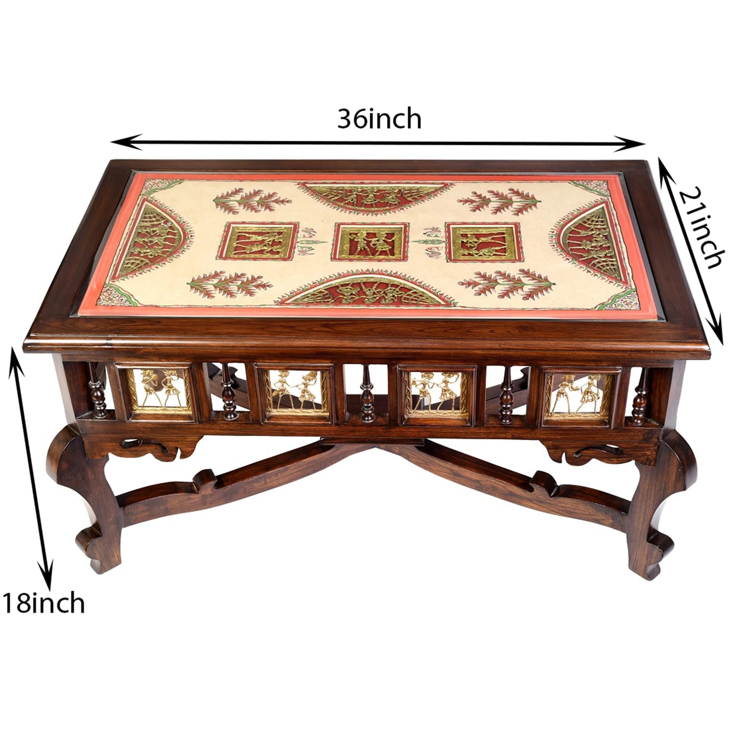 Voila Solid Teakwood Rectangular Coffee Table – 36-Inch Traditional Walnut Finish Center Table with Dhokra Metalcraft and Hand-Painted Art