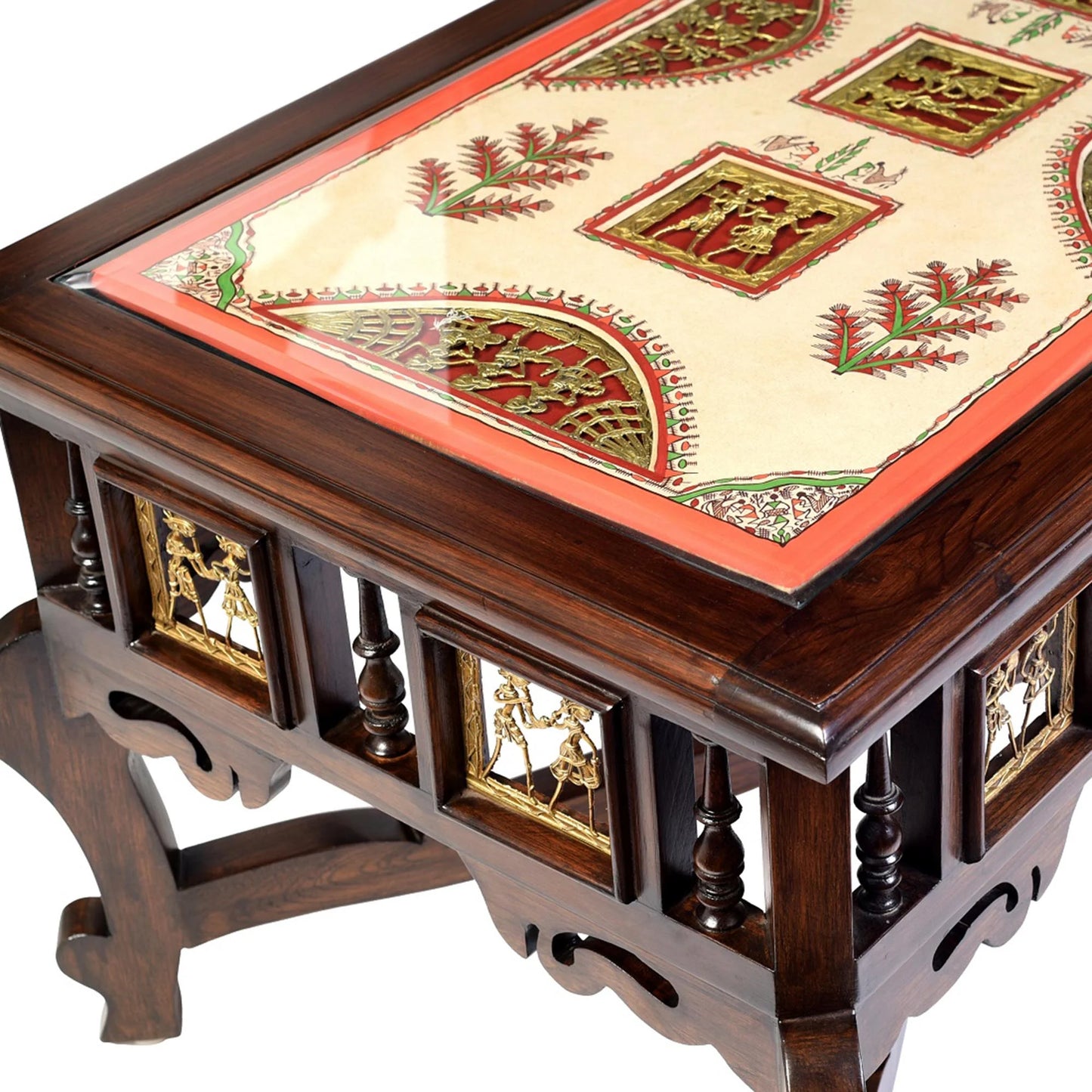 Voila Solid Teakwood Rectangular Coffee Table – 36-Inch Traditional Walnut Finish Center Table with Dhokra Metalcraft and Hand-Painted Art